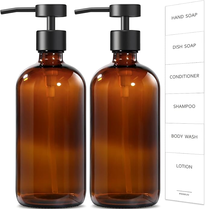 GMISUN Amber Glass Soap Dispenser, 2 Pack Bathroom Hand Soap Dispensers by GMISUN