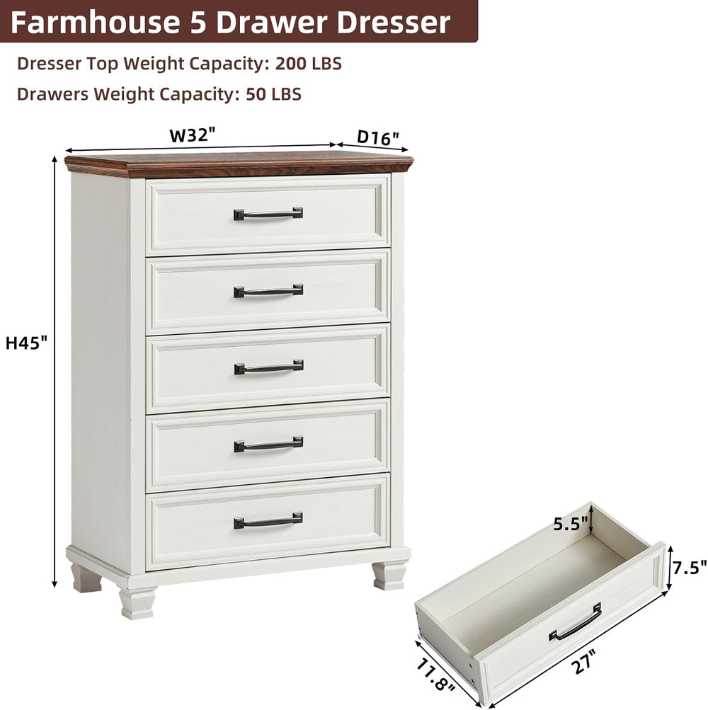 SAVOR LIFE Farmhouse 5 Drawer Dresser for Bedroom, White