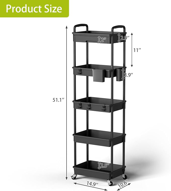 5 Tier Rolling Cart Organizer, Bathroom Cart Organizers - Image 3
