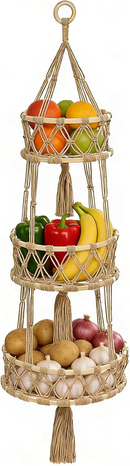 Halidali 3 Tier Hanging Fruit Baskets for Kitchen, Macrame Plant Hanger Cotton Rope Handwoven Hammock Produce Storage Organizer Basket for Plants Holder, Vegetable, Onion, Potato (Linen)