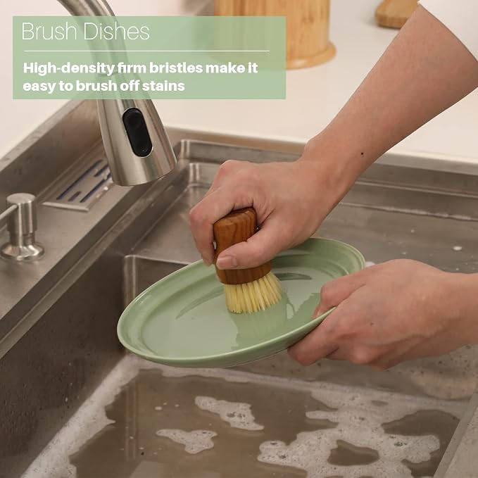 Teak Dish Scrub Brush 2PCS by HTB, Good Grip Small Wooden Dish Brush - Image 6