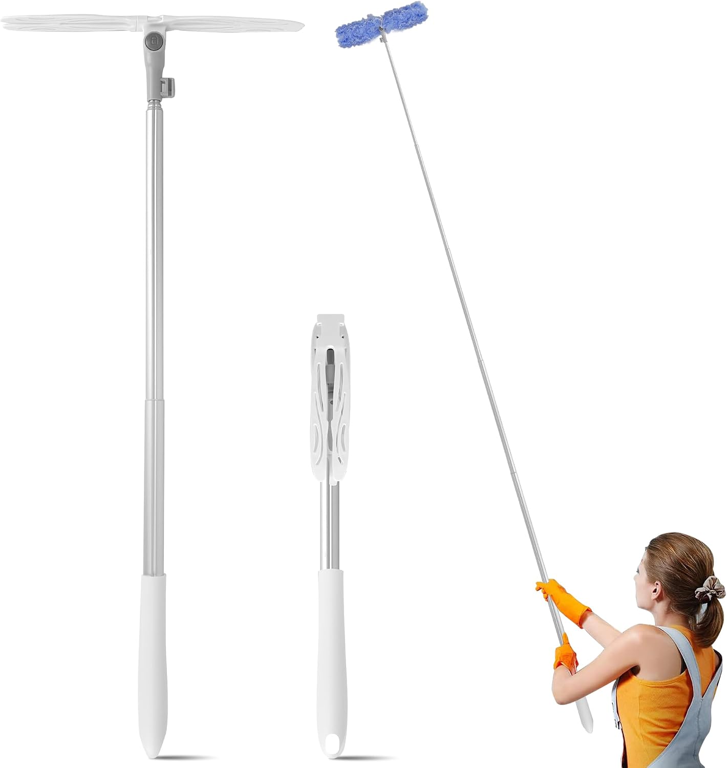 Duster Extended Handle & Long Duster, Compatible with Swiffer, 65.7" Stainless Steel Extension Pole, Locking Angle Fan Duster for Ceiling Fans, Blinds, Tall Cabinets & Home Cleaning Supplies,1 Pack