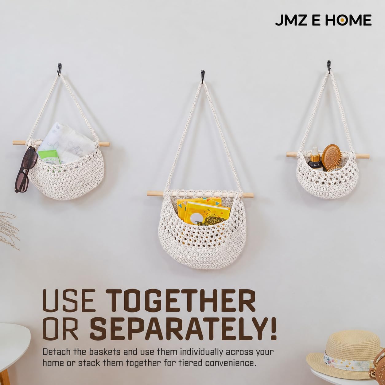 Cotton Hanging Fruit Basket, 3 Tier Woven Wall Basket, Hanging storage baskets for Kitchen and Bathroom, Macrame Wall Hanging, Boho Decor Over The Door Organizer, White
