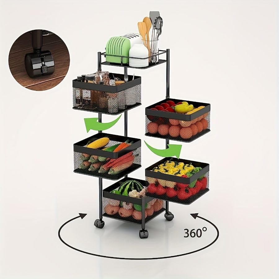 5-Tier Rotating Kitchen Storage Shelf Metal Multi-Layer Vegetable Fruit Baske...
