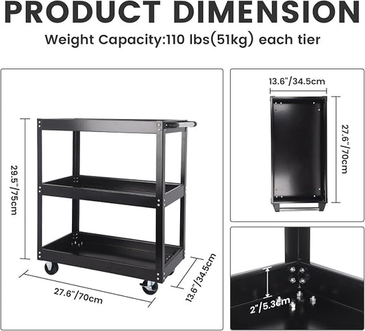 3-Tier Commercial Utility Cart, 3 Shelves Steel Service Tool Cart - Image 2
