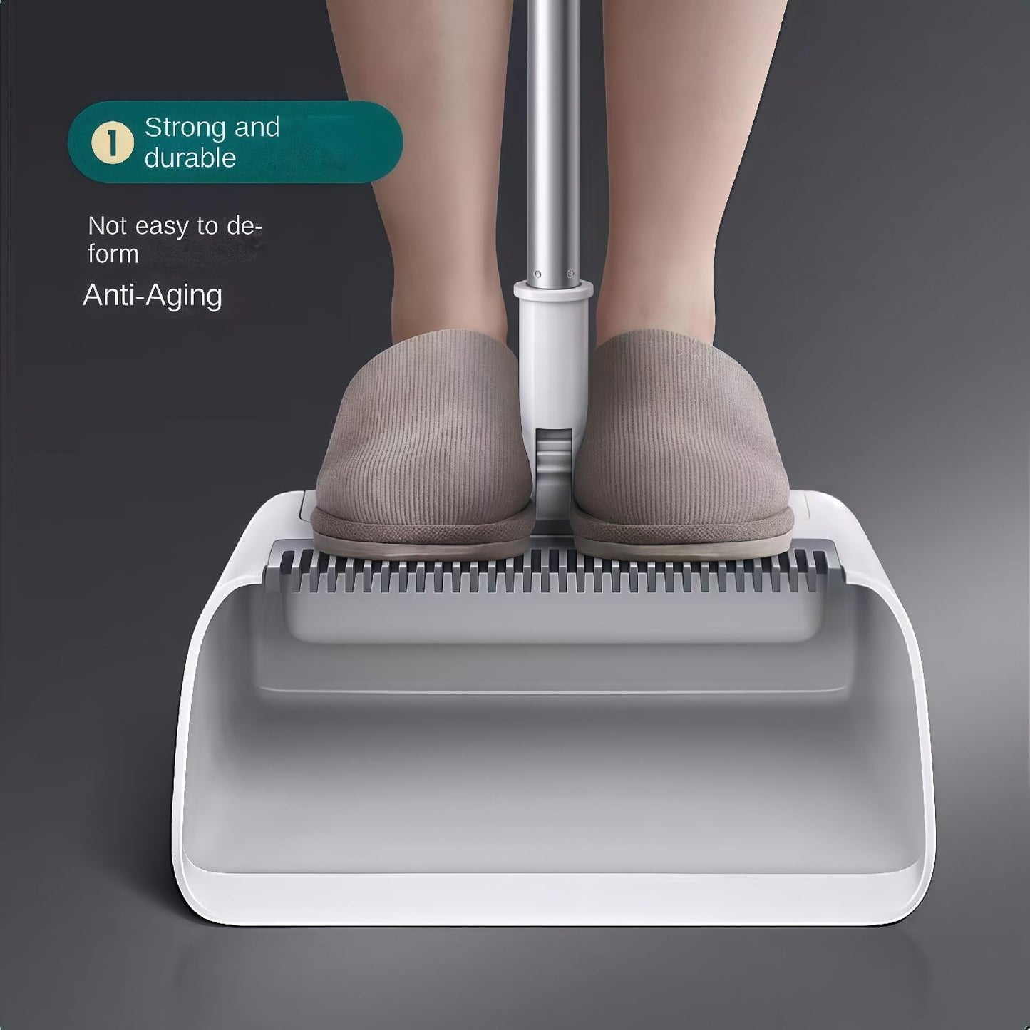 3in1 Broom and Dustpan Combo with Cleaning Teeth, Adjustable Long Handle, 180° Rotating Broom,Ideal for Pet Hair, Indoor Outdoor Heavy Duty Floor Sweeping (White)