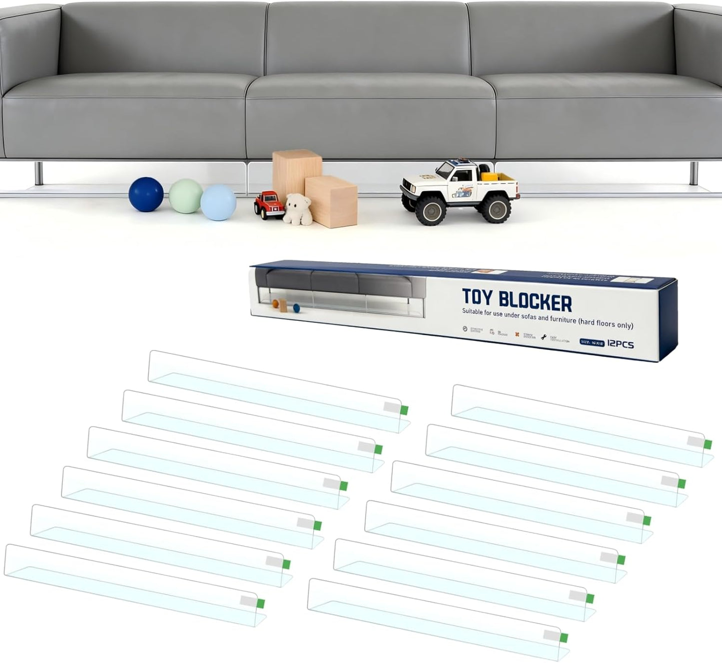Under Couch Blocker 12-Pack, 15.8" L x 1.6" H, Total 190" L | Clear, Adjustable Gap Bumper, Keeps Kids' & Pets' Toys From Going Under Sofa and Bed