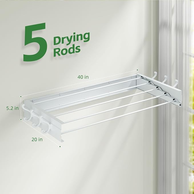 BAKON Clothes Drying Rack Wall Mounted 40", Laundry Clothes Drying Rack - Image 2
