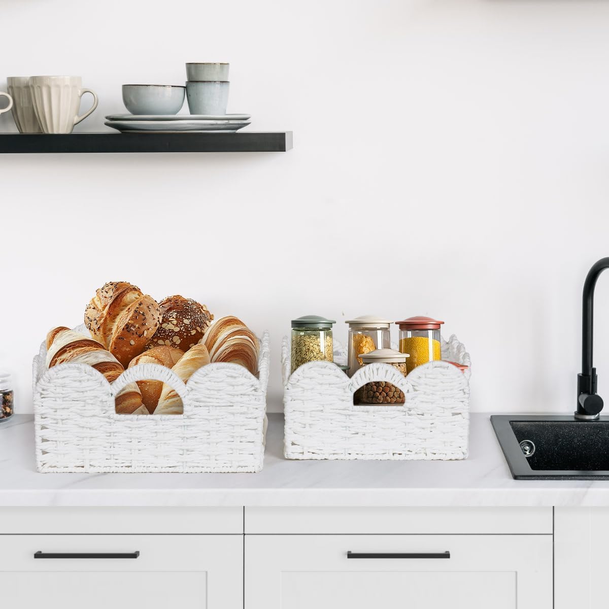Graciadeco Scalloped Wicker Basket Natural Paper Rope Storage Baskets with Handles Handwoven Organizer Bin Wicker Storage Baskets for Home Decor, Organizing, 2 Pack (White)