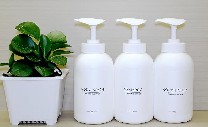 Frosted Pearl White Shampoo and Conditioner Bottles, Refillable Apothecary - Image 3