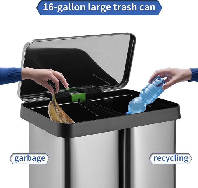 16 Gallon Dual Compartment Trash Can, Hands-Free Recycling Rectangular Garbage - Image 3