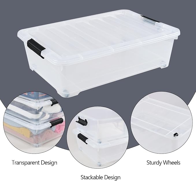 25 Quart Plastic Under Bed Storage Boxes, Wheeled UnderBed Storage Container - Image 3