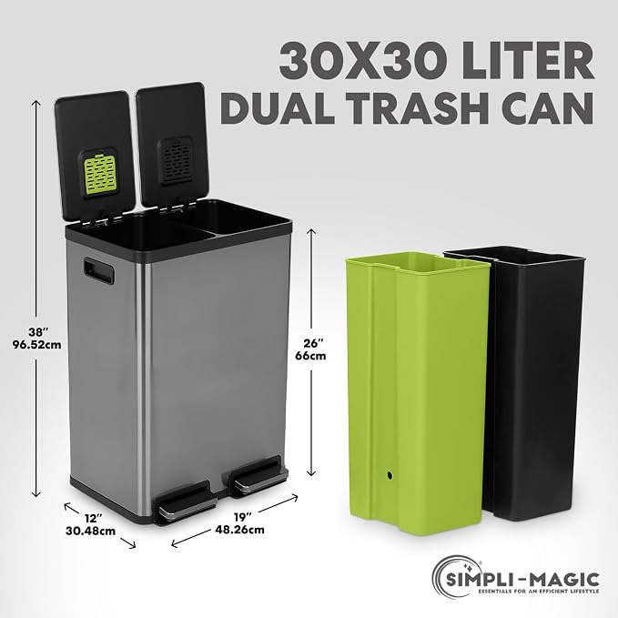SIMPLI-MAGIC 16 Gallon Elegant Black Step Trash Can – Dual Compartment Kitchen - Image 2