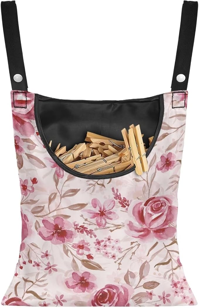 Pink Flowers Clothespin Bag Laundry Hanging Storage Organizer Clothes Pin by CREAMIC