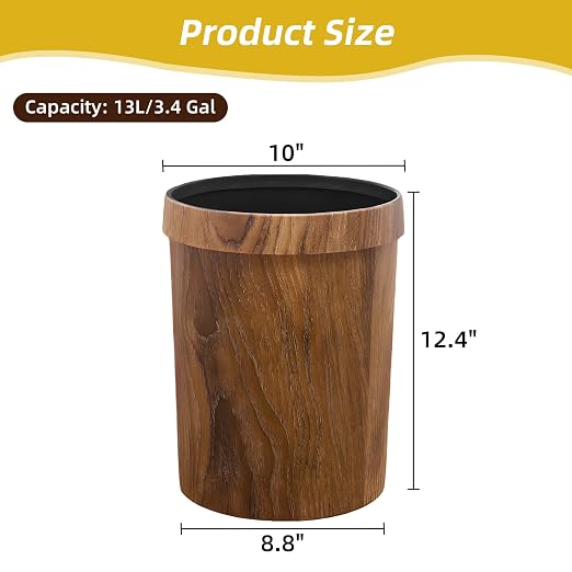 Wood Grain Plastic Trash Can Bedroom, Round 2-Pack, 3.4 Gal Farmhouse - Image 5