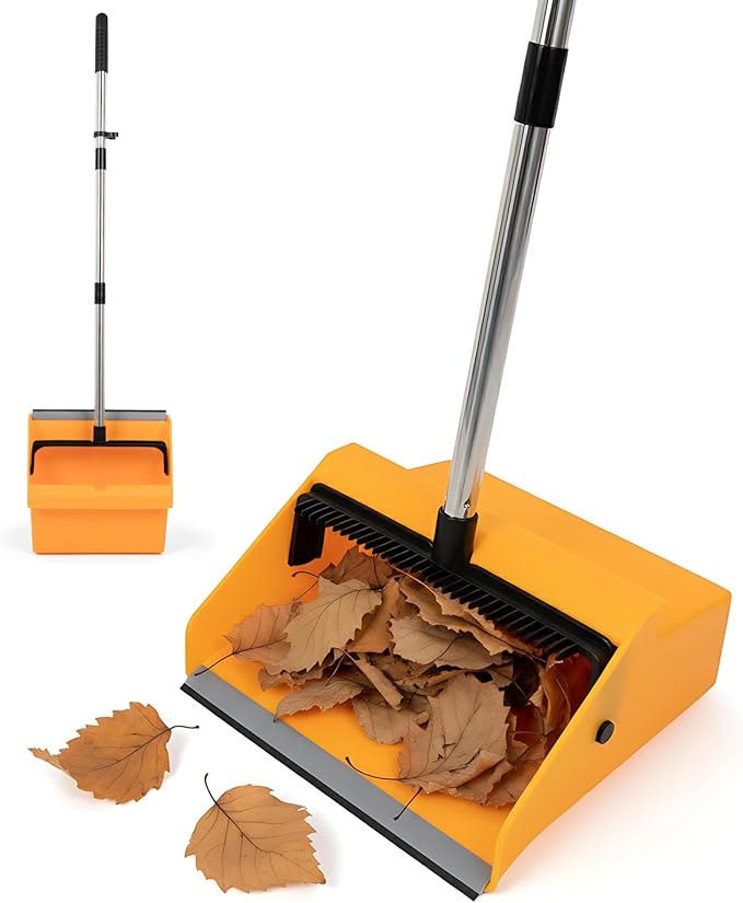 Large Commercial Dustpan with Comb，Long Handle Upright Heavy Duty Dust Pan by REEWII