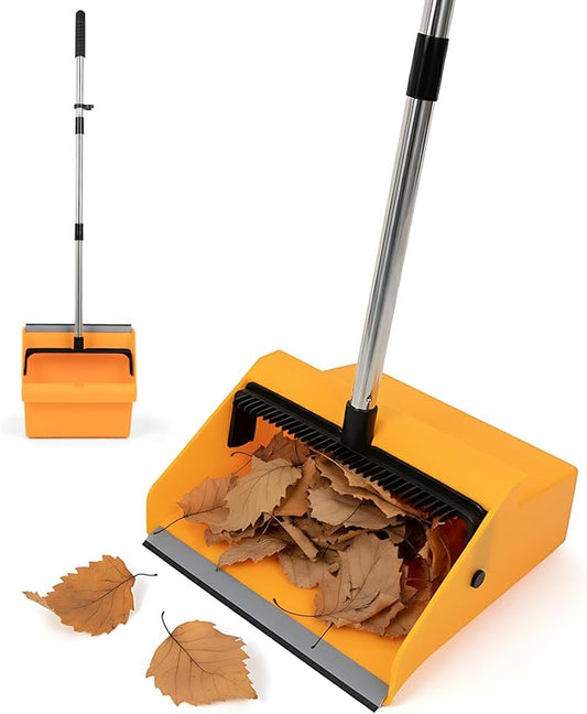 Large Commercial Dustpan with Comb，Long Handle Upright Heavy Duty Dust Pan by REEWII