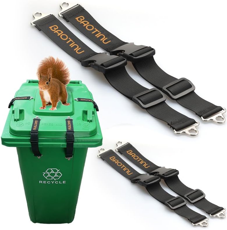 Trash Can Lock for Animals, 4PCS Adjustable Straps Garbage Can Locks for 28-100 Gallon Outdoor Bins, Bear Proof Trash Can Lock with Anti-Rust Metal Buckle, One-Hand Release Lid Locking Design