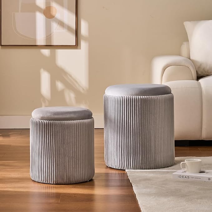Round Set of 2 Ottoman with Storage-Upholstered Velvet Vanity Stool - Image 6