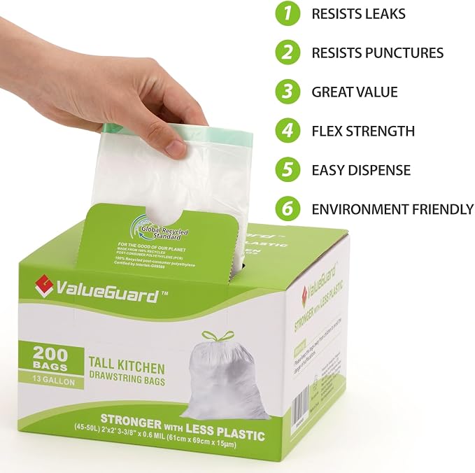 Large Trash Bag 13 Gallon Tall Drawstring 100% Post-Consumer Recycled Garbage - Image 5