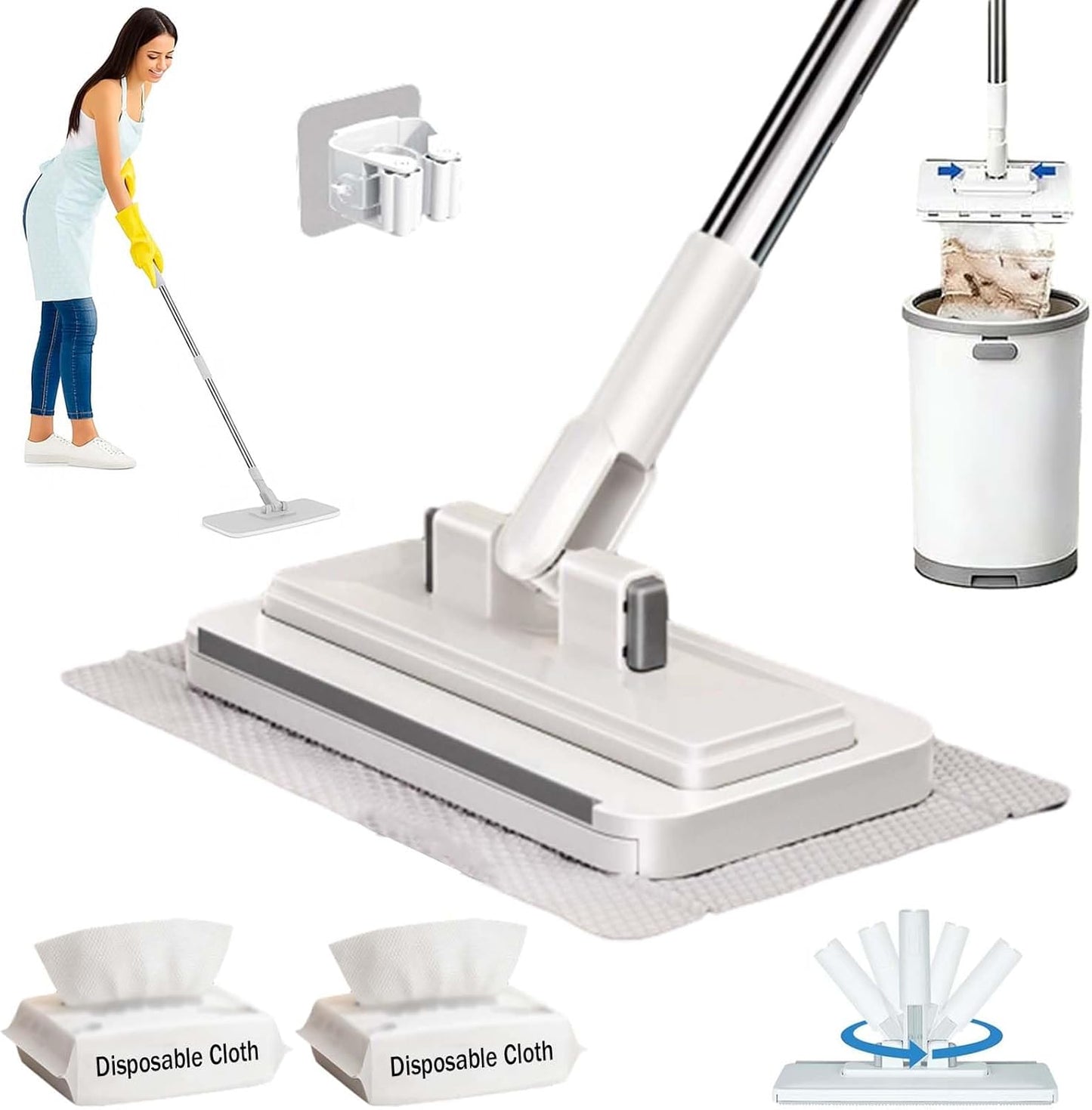 Hands-Free Multi-Purpose Flat Mop – Lazy Cleaning & Face Towel, One-Button Cloth Grip, 360 Rotating Fiber Lock Mini Mop for Wall Floor Bathroom Kitchen Cleaning (1Mop+2Face Towel)