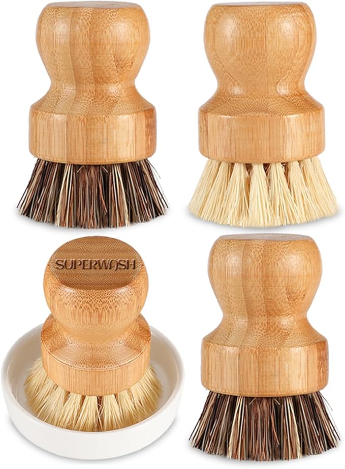 Bamboo Scrub Brush Clean Pan, Dish and Vegetable, Natural Bristles Palm Pot by SUPERWASHPLUS