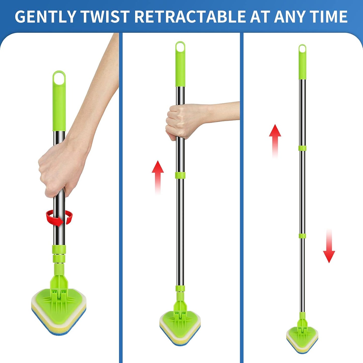 2 in 1 Scrub Cleaning Brush with 37” Long Extendable Handle,1 Stiff Bristle and 3 Sponge Brushes, Lightweigh Detachable Shower Scrubber for Cleaning Bathroom Shower Bathtub Glass Tile Floor