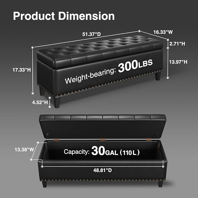 Storage Ottoman Bench, 51-Inch Large Storage Bench - Image 2