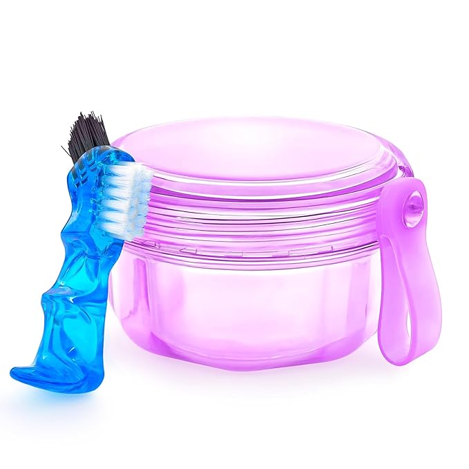 Leakproof Denture Case Purple Denture Soaking Cup False Teeth Container by EZEELAI