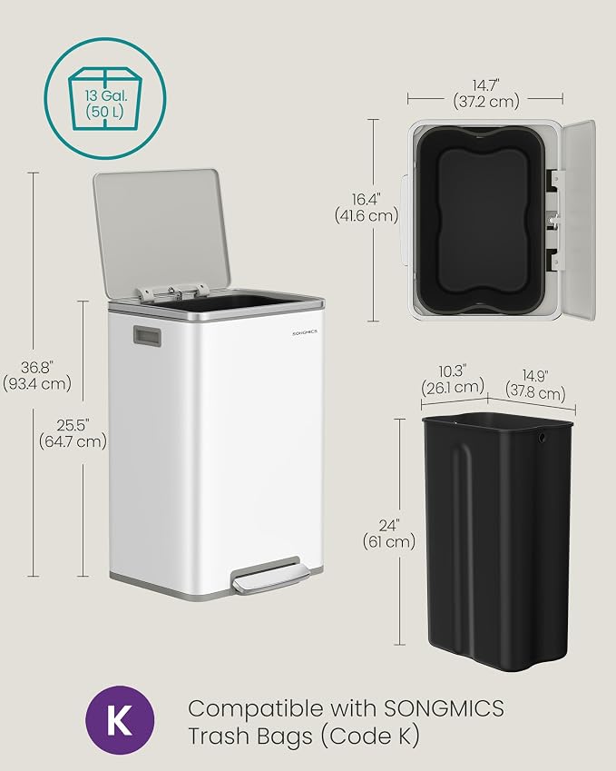 SONGMICS Trash Can, 13-Gallon Gabbage Can, - Image 6