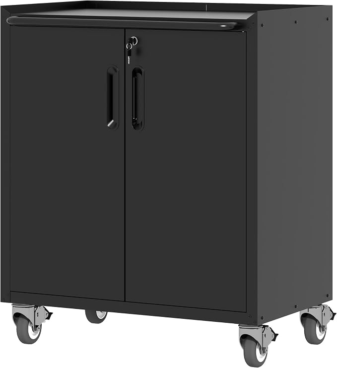Metal Storage Cabinet with Wheels, Lockable Garage Cabinet with Doors and by BIZOEIRON