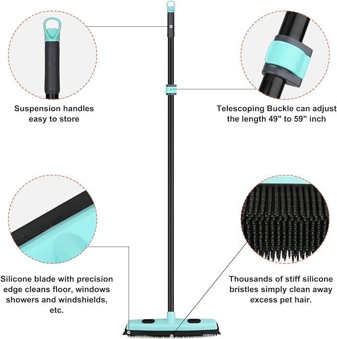 Rubber Broom Carpet Rake for Pet Hair Removal, Fur Remover Broom - Image 5