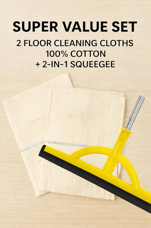 2-in-1 Floor Squeegee 17.5 Inch with Telescopic Handle, Heavy Duty Water Broom for Tile, Concrete, Marble, Garage & Shower (2-in-1 Squeegee + 2 Cotton Cloths (32x22))