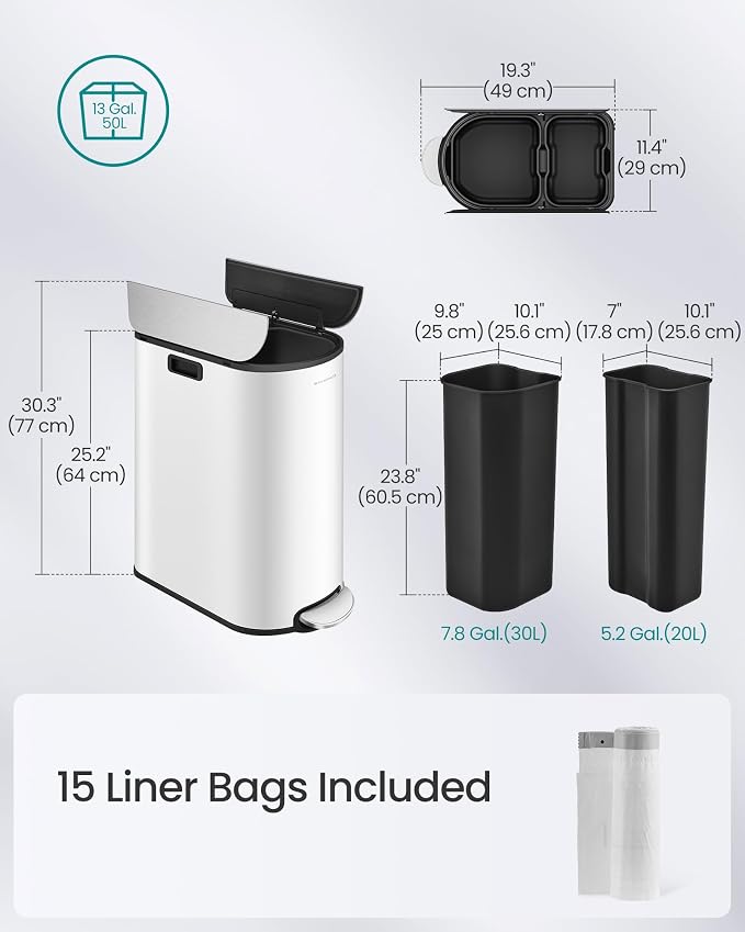 SONGMICS 13-Gallon Dual Kitchen Trash Can, 5.3 and 8 Gallon Compartments - Image 7