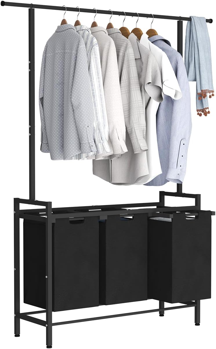 Large Laundry Hamper with Clothes Rack Hanging Bar, 10 x 3 Gal Pull-Out &...