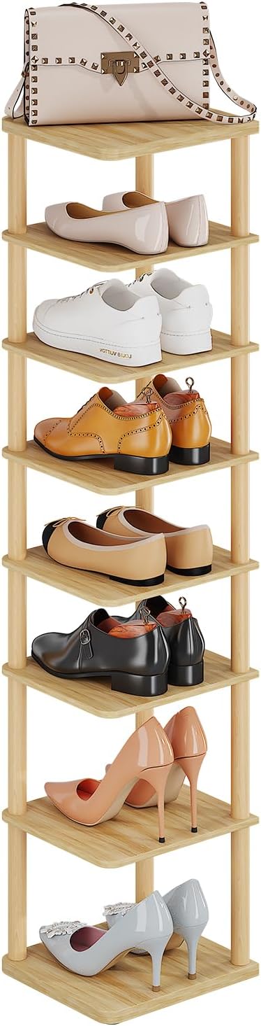 8 Tiers Vertical Shoe Rack Tall Narrow Shoe Tower Corner Shoe Rack, Natural