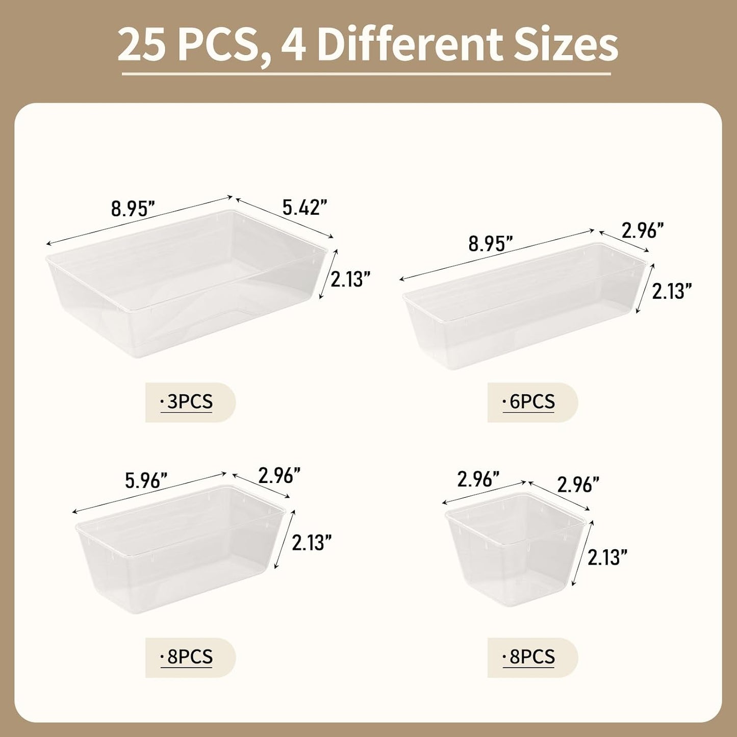 Yanosaku 25 PCS Clear Plastic Drawer Organizer Set, 4 Sizes Vanity Organizers, Desk Drawer Divider Organizers and Storage Bins for Makeup, Jewelry, Gadgets for Kitchen, Bathroom, Office