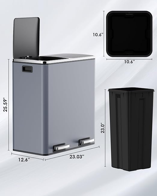 Arlopu 16 GallonStainless Steel Trash Can, 60L Dual Compartment, Metal Kitchen - Image 2