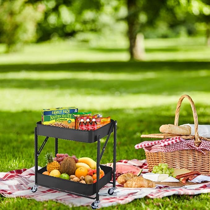2-Tier Metal Folding Rolling Cart, Mobile Utility Cart Trolley Storage Organizer - Image 6