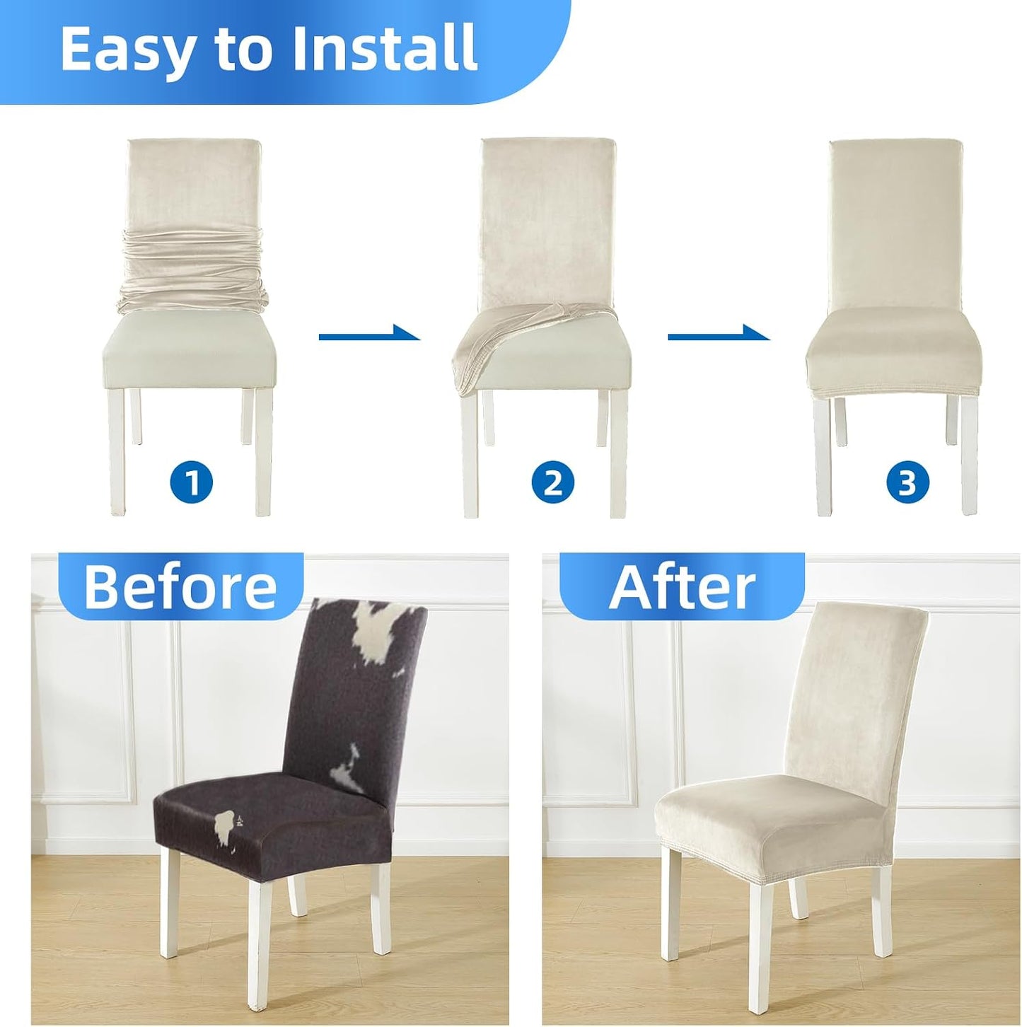 Velvet Dining Room Chair Covers Set of 6, Stretch Chair Covers for Dining Chairs, Parsons Chair Slipcover Washable, Soft Thick Velvet Fabric for Home, Kitchen, Banquet (Beige)