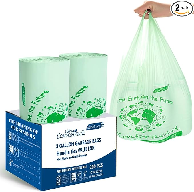 100% Compostable Trash Bags, 3 Gallon Compost Bags Small Kitchen Trash Bags by BEIDOU-PAC