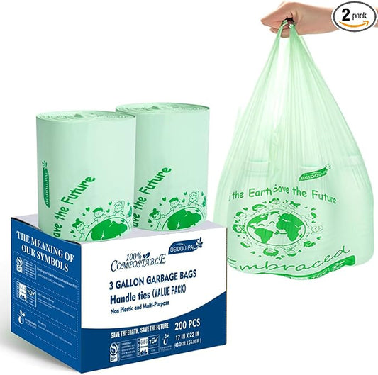 100% Compostable Trash Bags, 3 Gallon Compost Bags Small Kitchen Trash Bags by BEIDOU-PAC