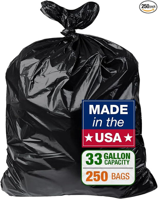 32-33 Gallon Black Trash Bags, Heavy-Duty | 32” x 38” | 250 Count Bulk Pack | by Unknown