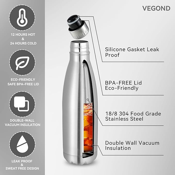VEGOND 17oz Stainless Steel Water Bottles Bulk, Reusable Metal Sports Water - Image 2