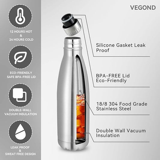 VEGOND 17oz Stainless Steel Water Bottles Bulk, Reusable Metal Sports Water - Image 2