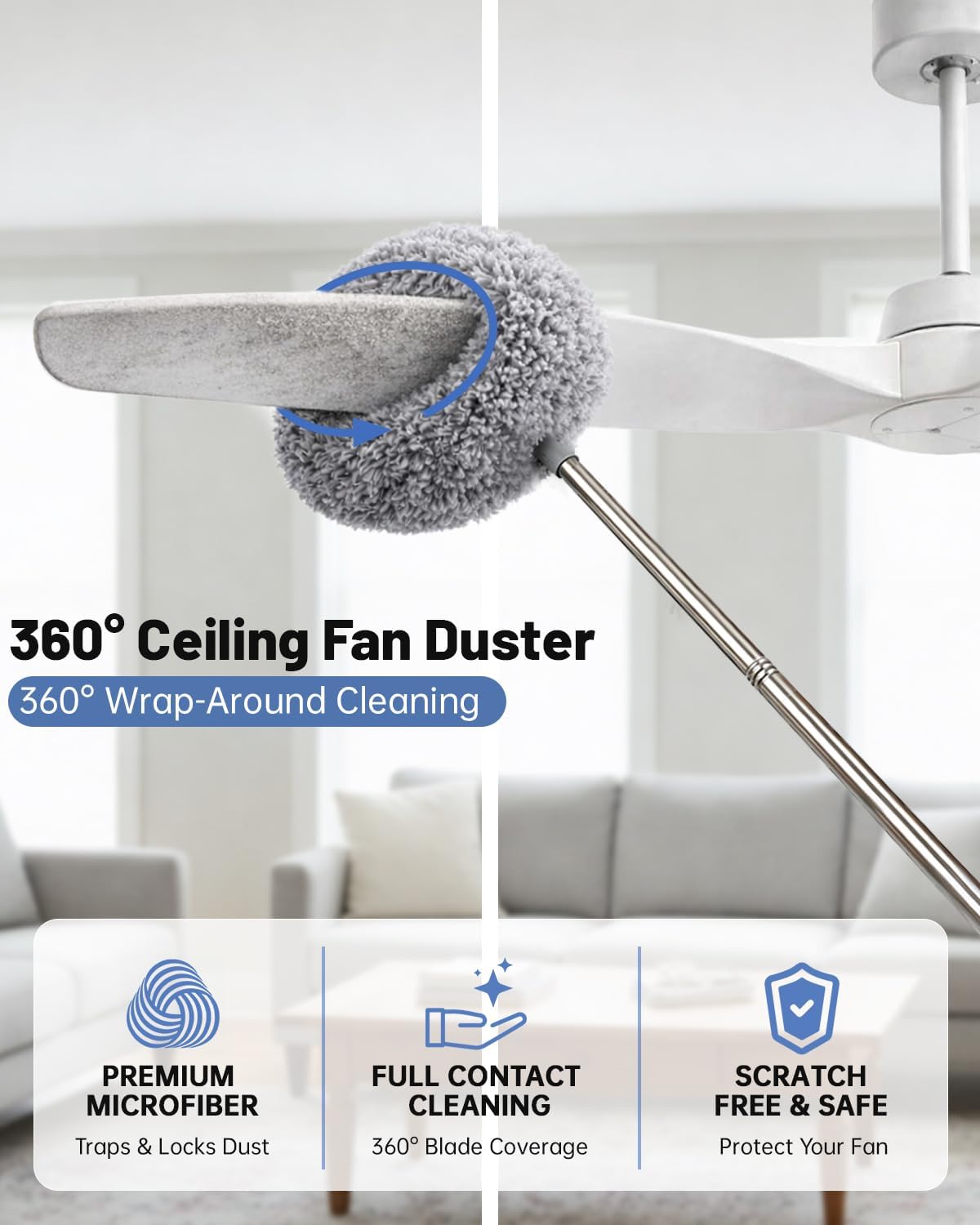 Practical 3 in 1 Dusters Kit for Cleaning, Efficient Duster with Extension Pole, Upgraded High Ceiling Fan Cleaner Duster, Easy Washable Spider Cobweb Brush Duster for Blinds/Wall/Tight Spaces