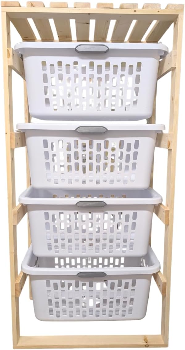 Laundry Basket Holder Storage Shelf (Solid Wood, 4 Tier, No Wheels, Wide)