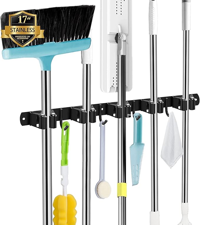 Black 5 Racks and 4 Hooks Mop and Broom Holder Wall Mount, Broom Organizer by AceMining