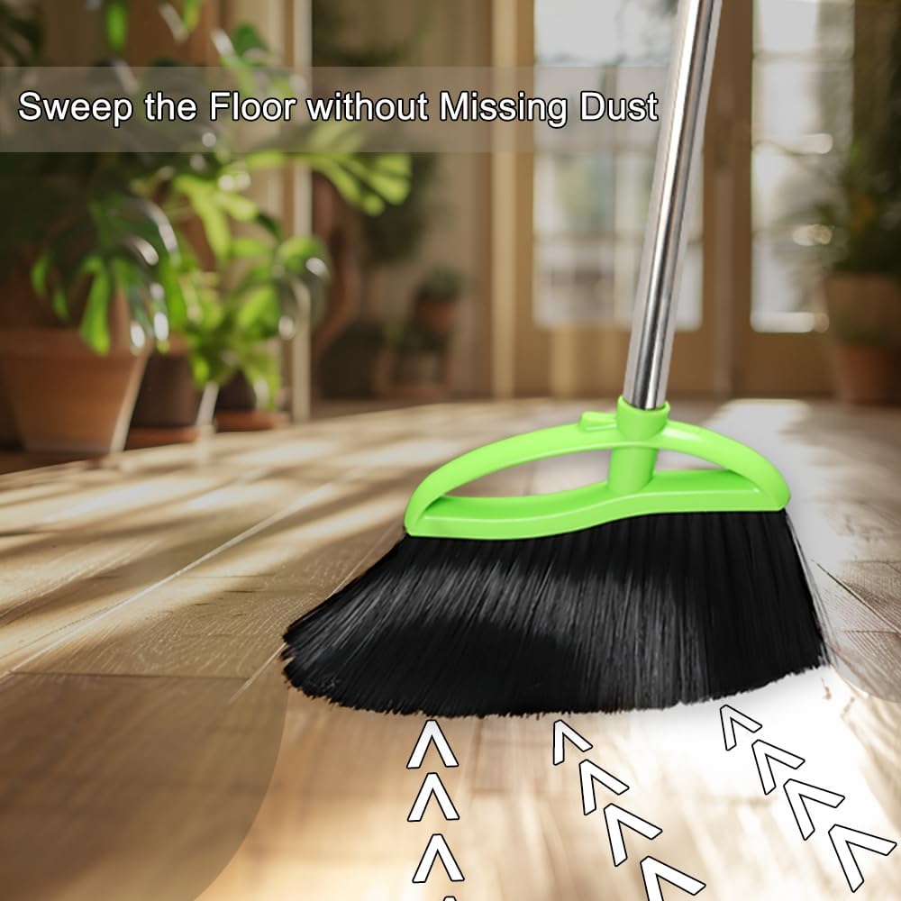 Soft Bristles Green Angle Broom with Long Handle Indoor Sweeping Broom for Home Kitchen Hardwood Floor Cleaning