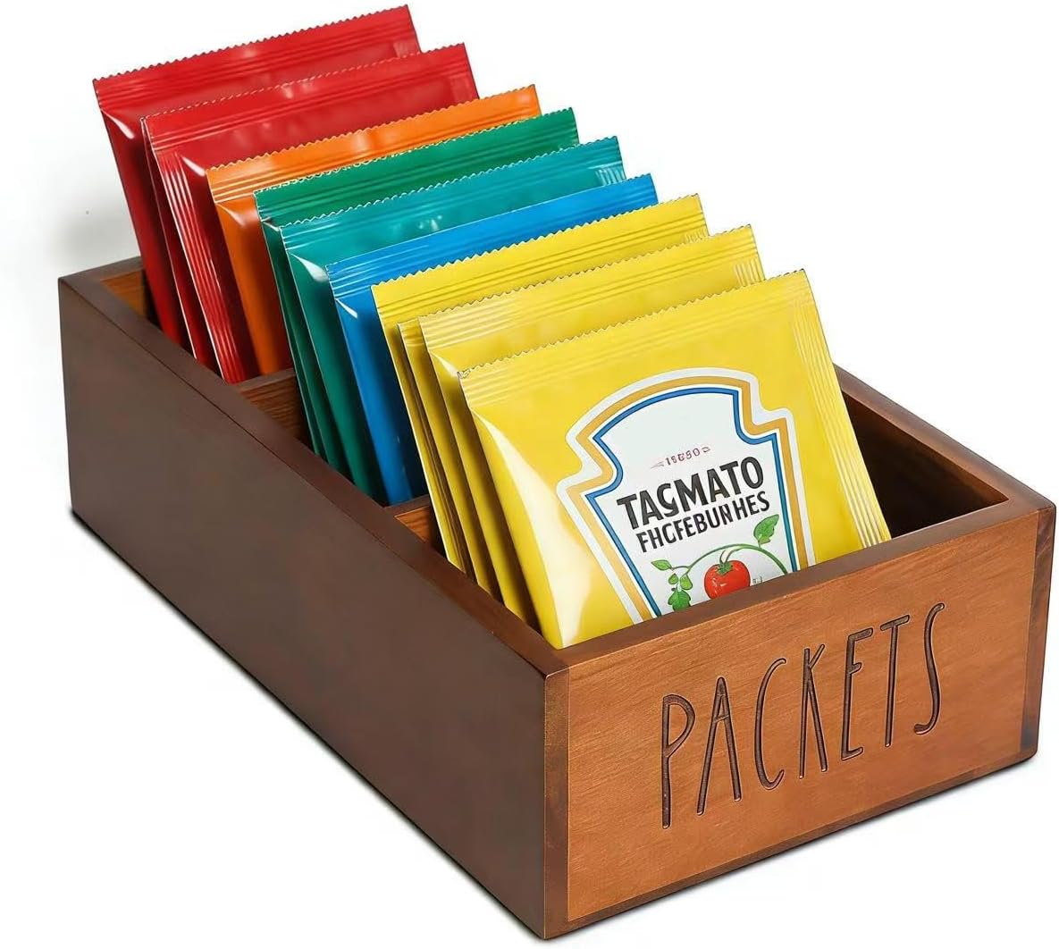 LBEMEY Packet Organizer, Acacia Wood Packet Storage Organizer with 3 Compartments,Farmhouse Kitchen Organization for Spice, Gravy, Taco, and Dressings Packets for Kitchen (Brown Label PACKETS)